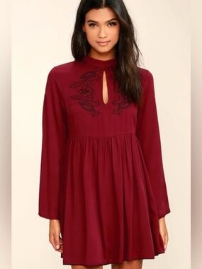 Mink Pink | Valley of the Vine Wine Red Embroidered Dress S